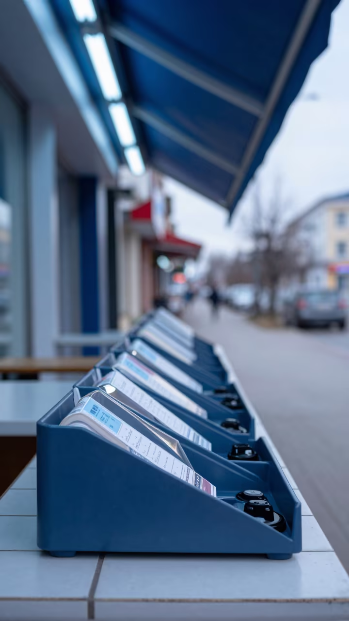 Retail Cashwrap Tray Under Storefront Light in beneath a shop awning at blue hour in Novosibirsk