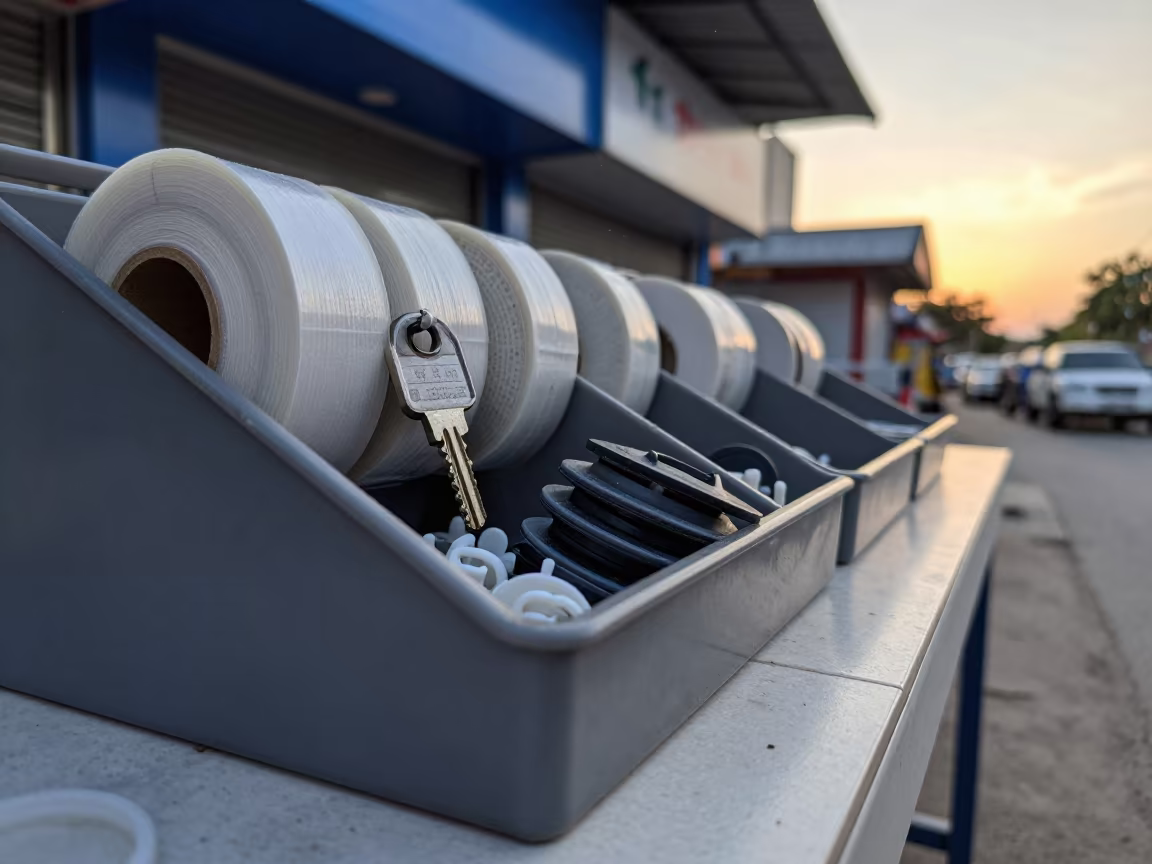 Retail Cashwrap Tray at Sunset Near Chiniot in outside a lit retail frontage after dark near Chiniot