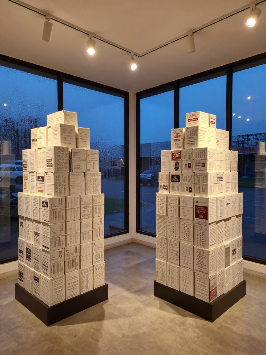 Retail Cube Stack Under Warm Track Lighting in beside a seasonal endcap near the sales floor in Okene