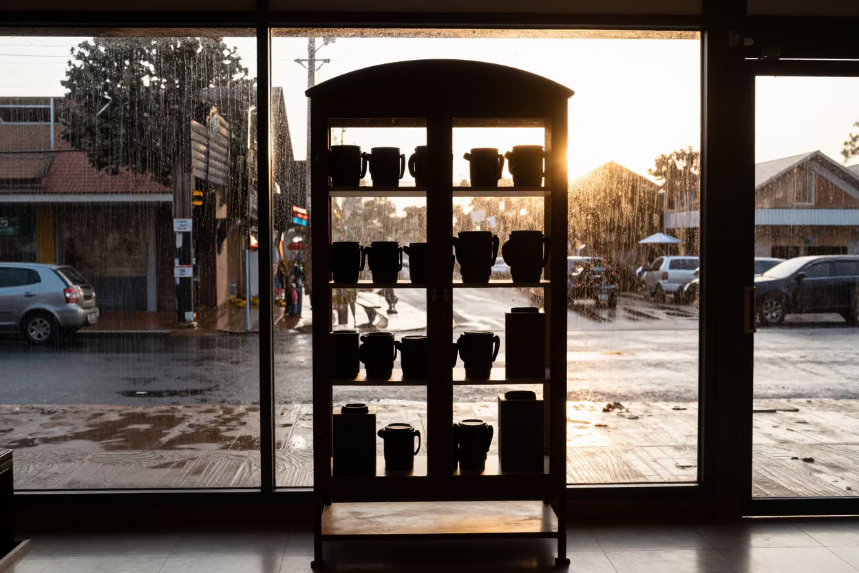 Retail Display Cabinet in Rain at Buea Sunset in along a storefront glass line on a wet street in Buea