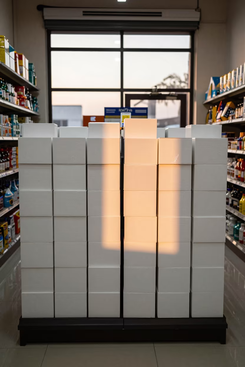 Retail Display Cube Stack in Sunset Window Light in beside a seasonal endcap near the sales floor near Ichalkaranji