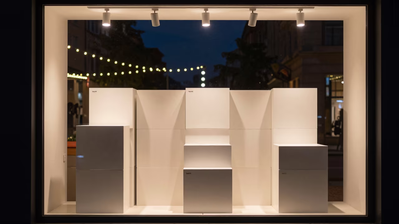 Retail Display Cube Stack Under Warm Night Lights in inside a storefront display zone in Radom