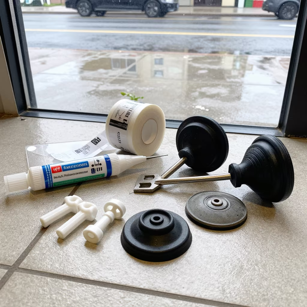 Retail Display Tools on Wet Pali Storefront in along a storefront glass line on a wet street in Pali