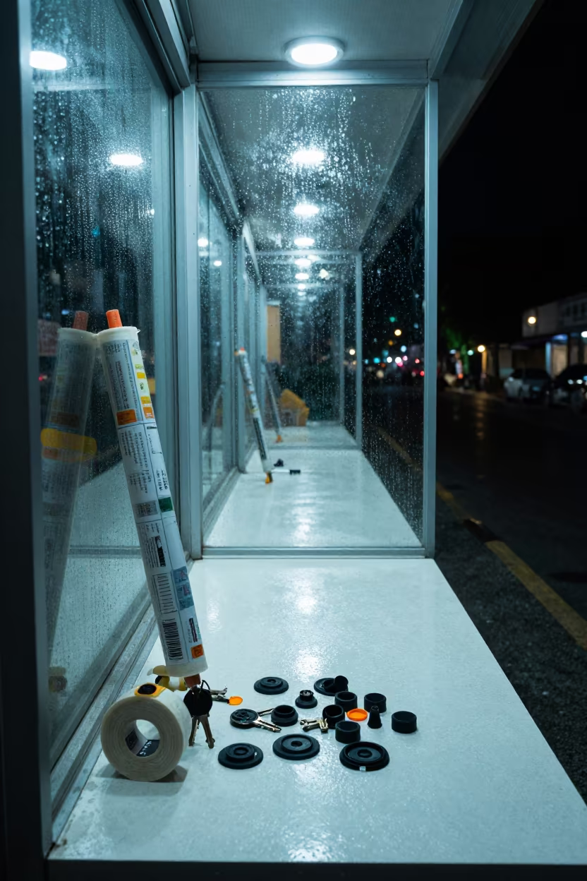 Retail Display Tube Under Cool Storefront Light in outside a lit retail frontage after dark in Nha Trang