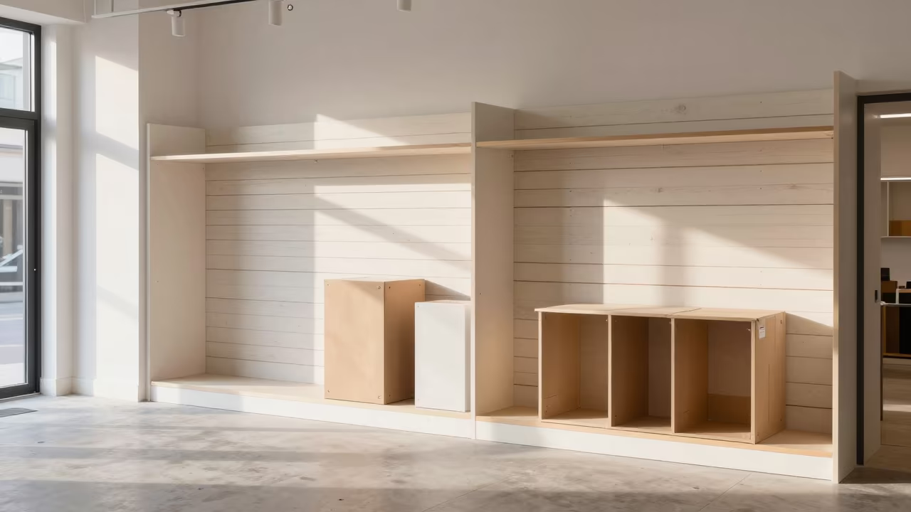 Retail Fit-Out Slatwall Dawn Light Birmingham in in a renovation zone under temporary light near Birmingham