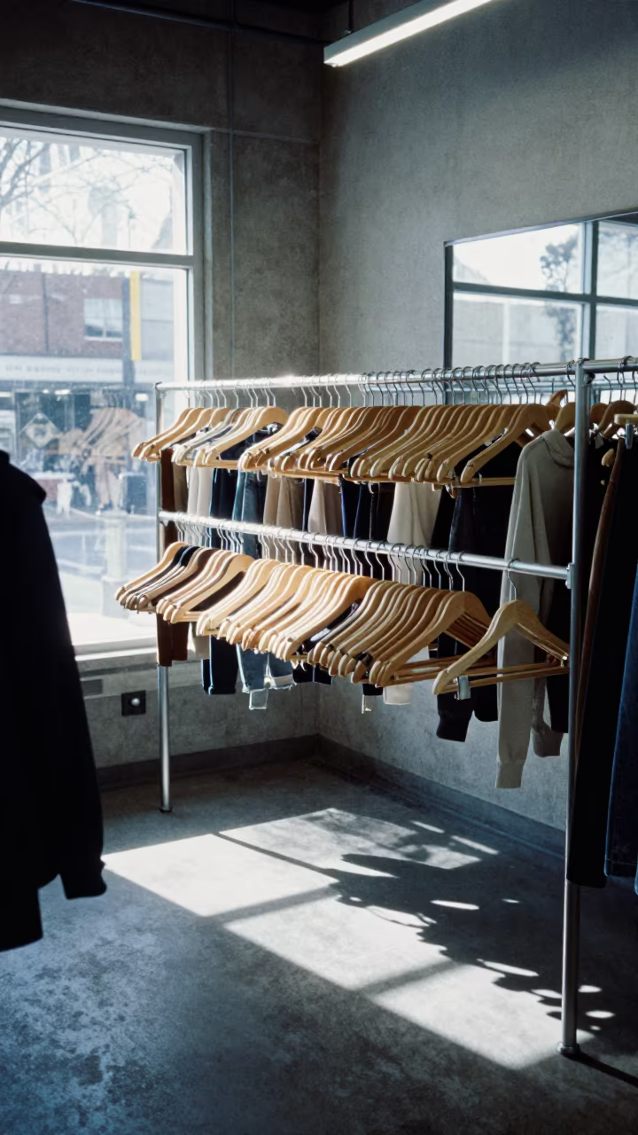 Retail Fitting Room Hanger Sorter in Morning Light in inside a storefront prepared for opening near San Felipe