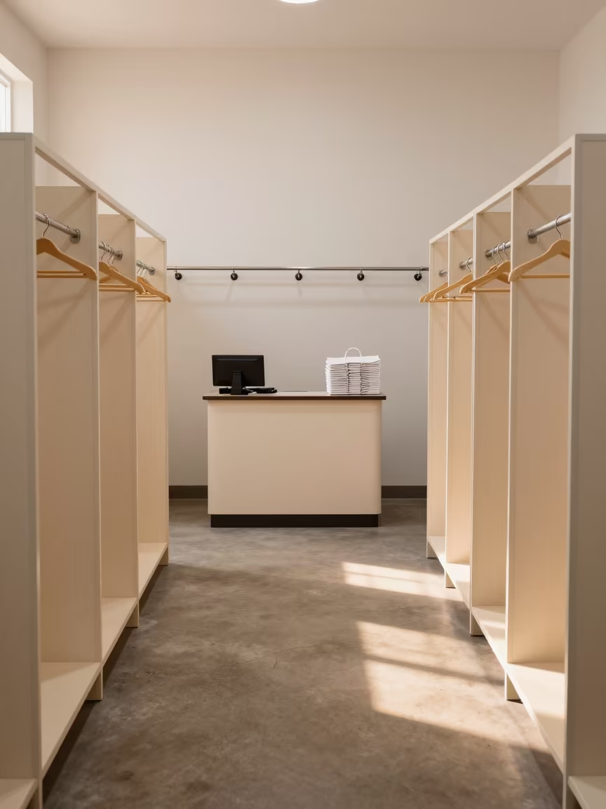 Retail Fitting Room Rail Before Opening in at a cash wrap counter with bags stacked nearby in Indore