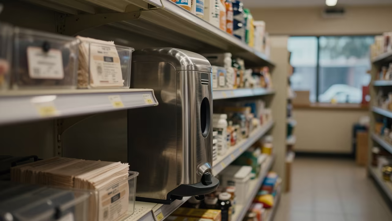 Retail Glove Dispenser Under Store Lights in inside a bright retail aisle in Bahir Dar