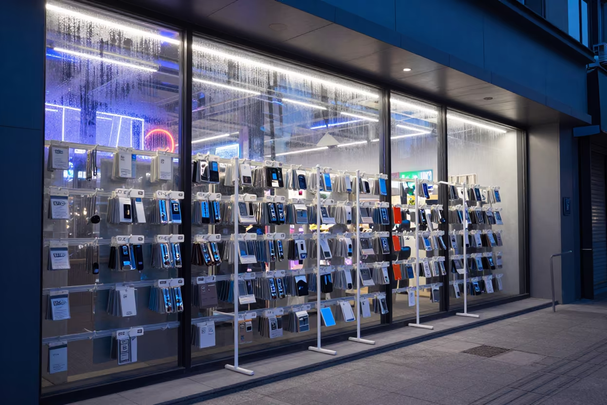 Retail Go-Back Rack Marker Under Neon Light in along a front-of-store display run near Dalian