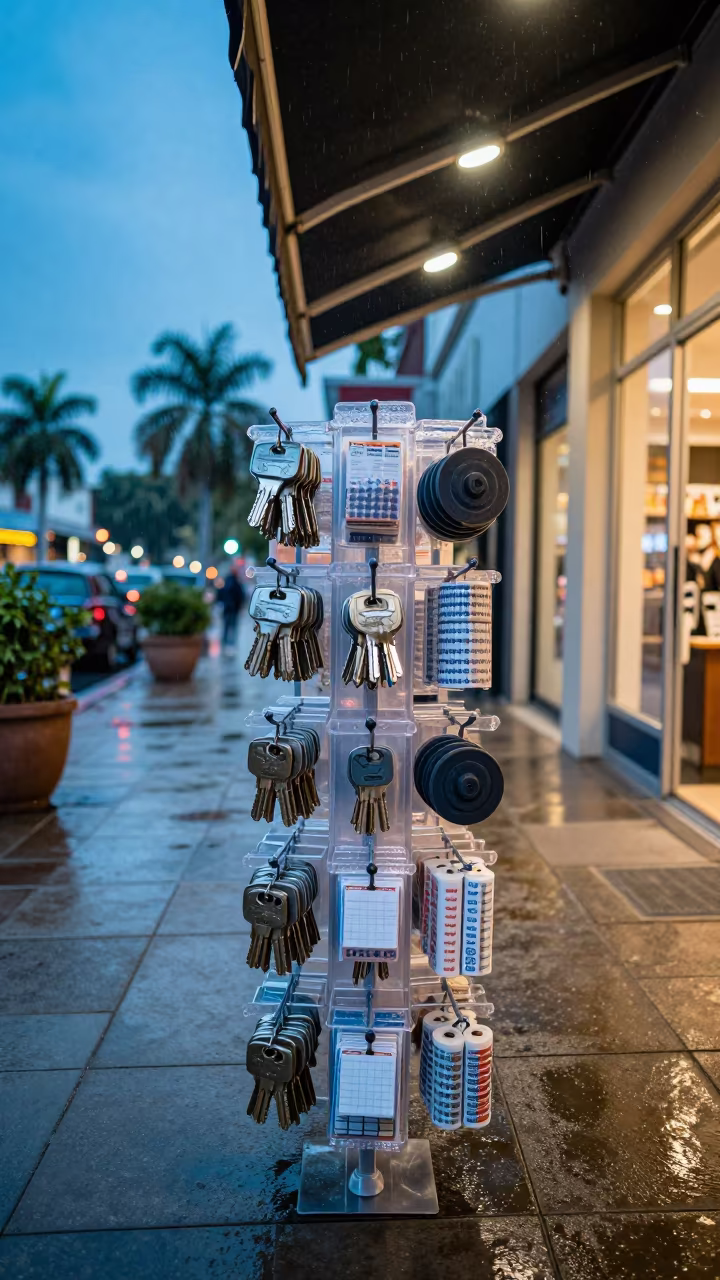 Retail Impulse Divider Tray Under Blue Hour Light in beneath a shop awning at blue hour in Richmond