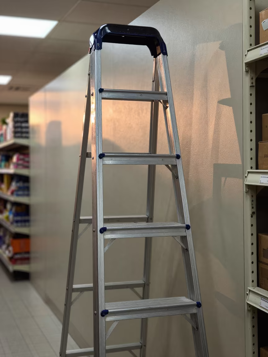 Retail Ladder in Nicosia Stockroom Before Dawn in inside a store aisle lined with shelf tags in Nicosia