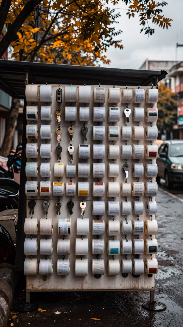 Retail Ladder Tag Board Under Dappled Noon Light in along a storefront glass line on a wet street in Dhanmondi, Dhaka