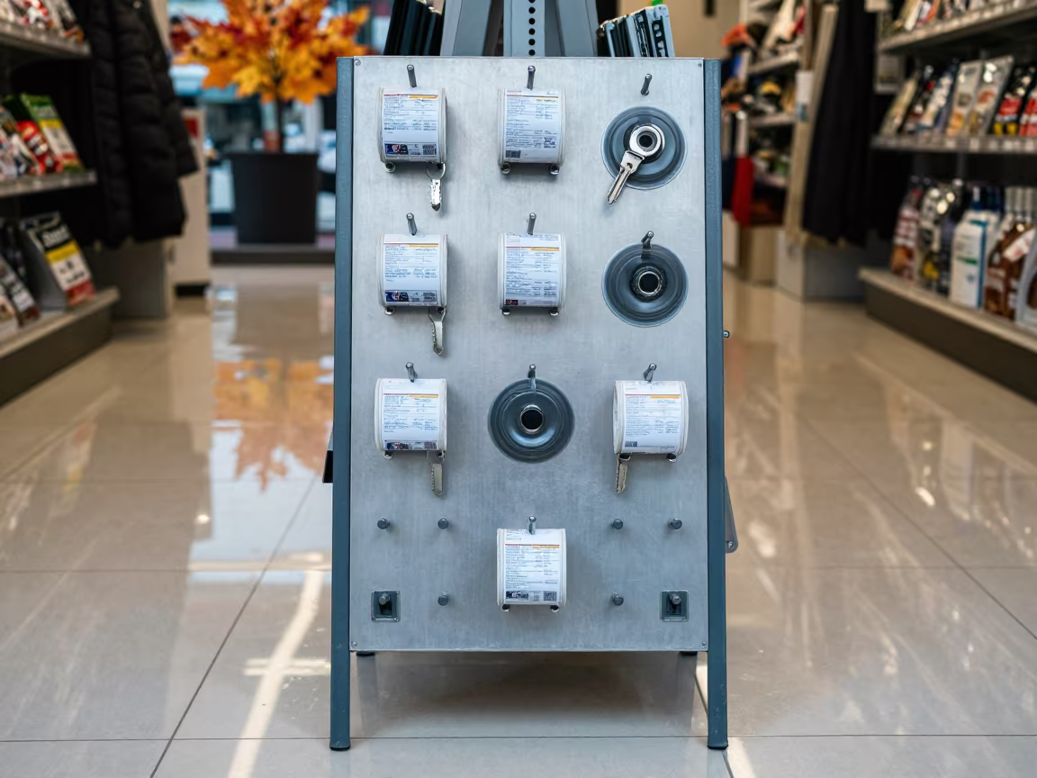 Retail Ladder Tag Board Outside Jeju Store in outside a lit retail frontage after dark near Jeju