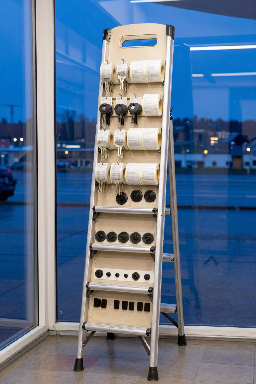 Retail Ladder Tag Board in Oulu Winter Blue Hour in outside a shop window after rain near Oulu
