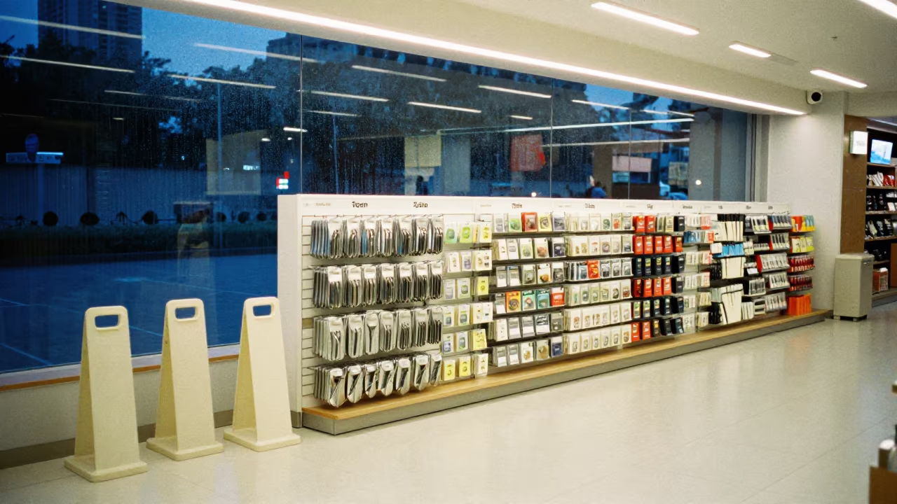 Retail Lane Marker with Condensation in Kolkata Evening in inside a retail floor display area in Esplanade, Kolkata