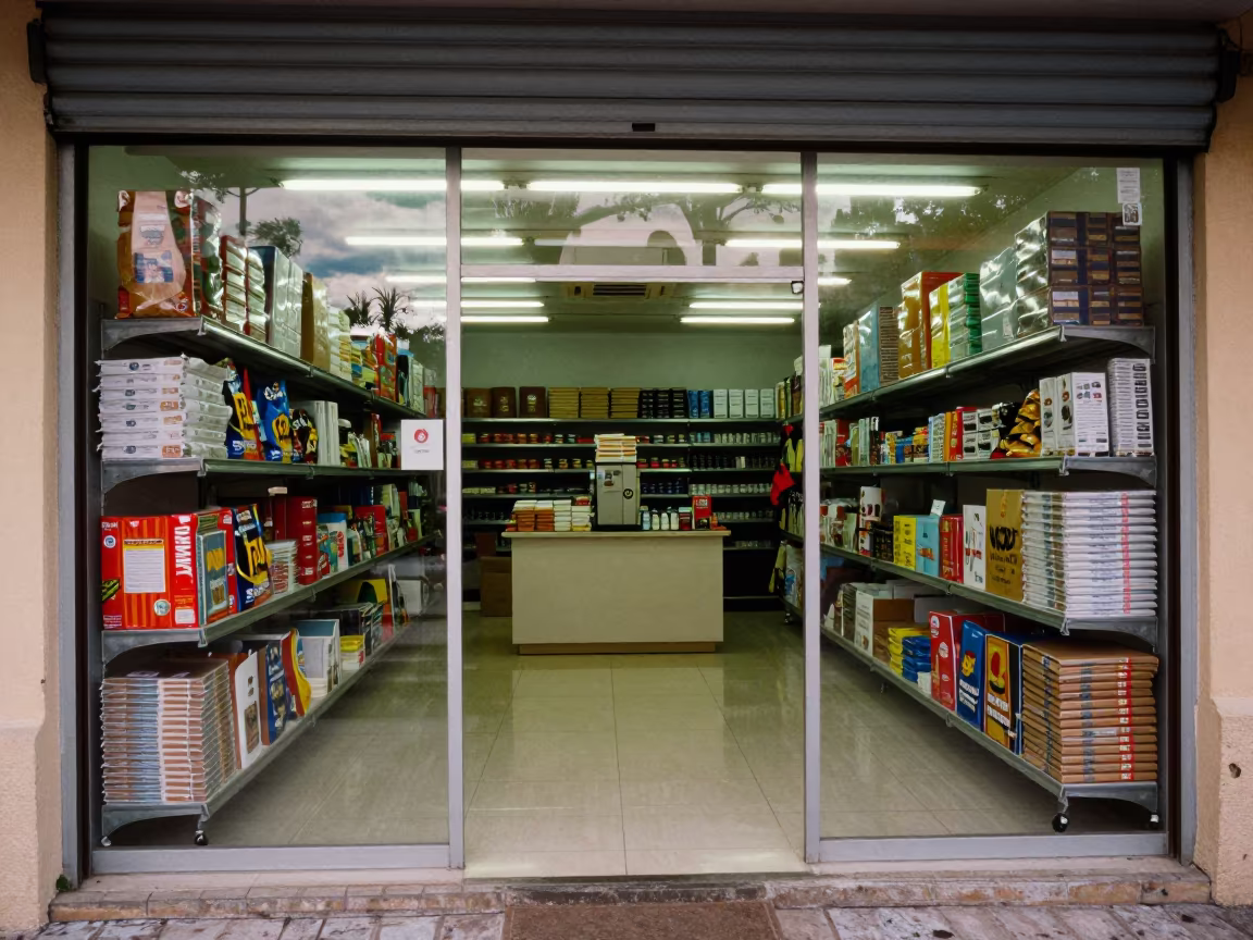 Retail Mat Roller Rack Before Opening in along a storefront glass line on a wet street in Isla Margarita