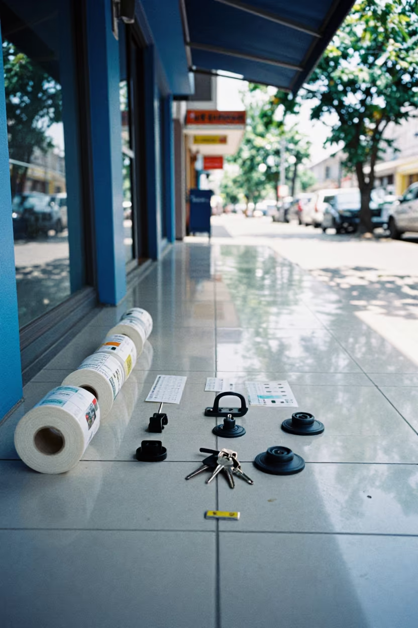 Retail Needle Tube Under Dappled Leaf Light in beneath a shop awning at blue hour in La Banda, Santiago del Estero
