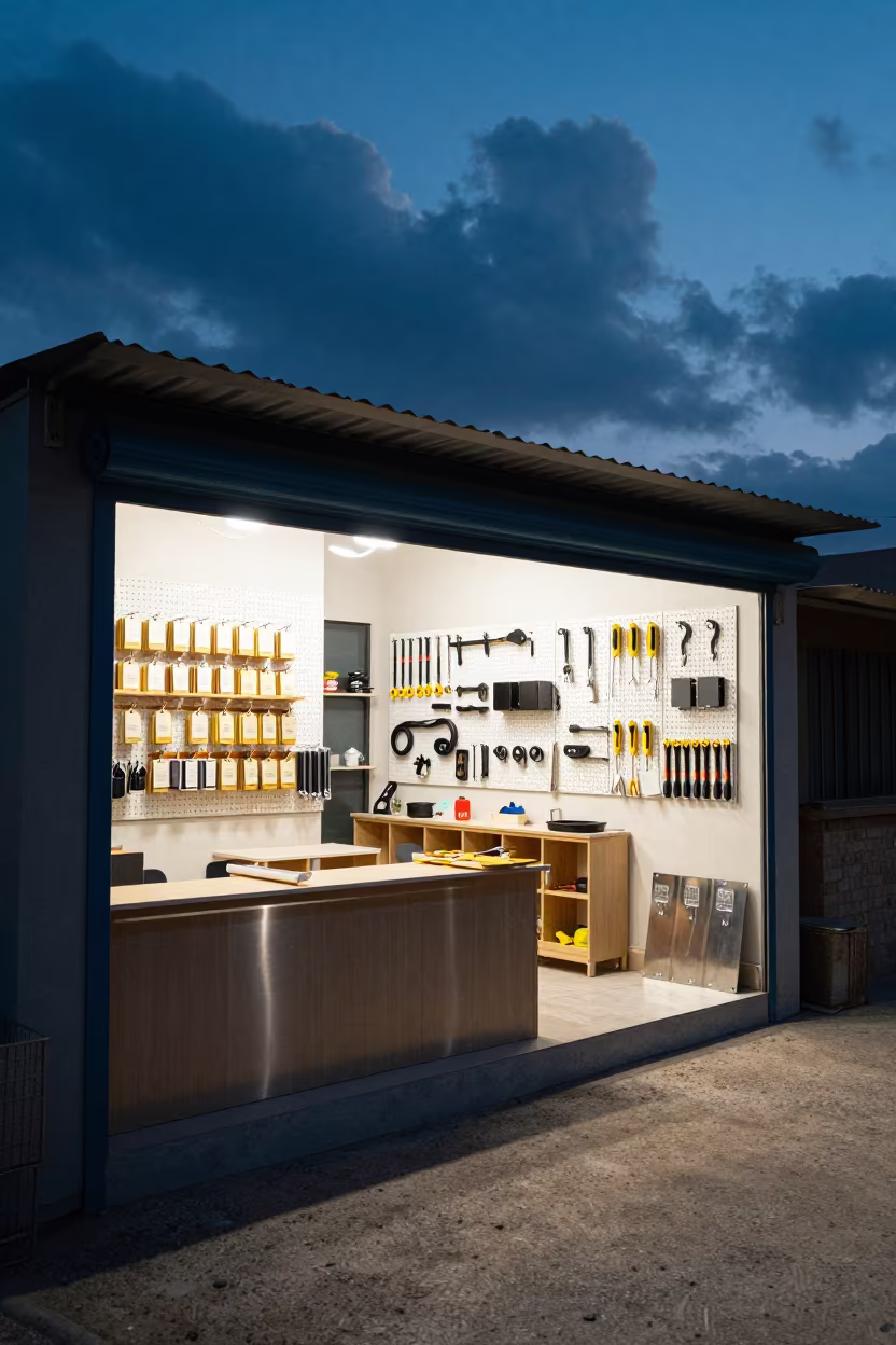 Retail Order Tray Display Samawah Blue Hour in outside a lit retail frontage after dark in Samawah