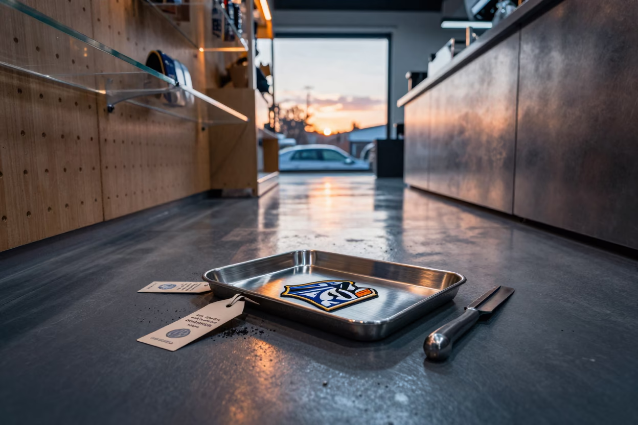 Retail Order Tray Under Sunset Storefront Lighting in outside a lit retail frontage after dark near St George's