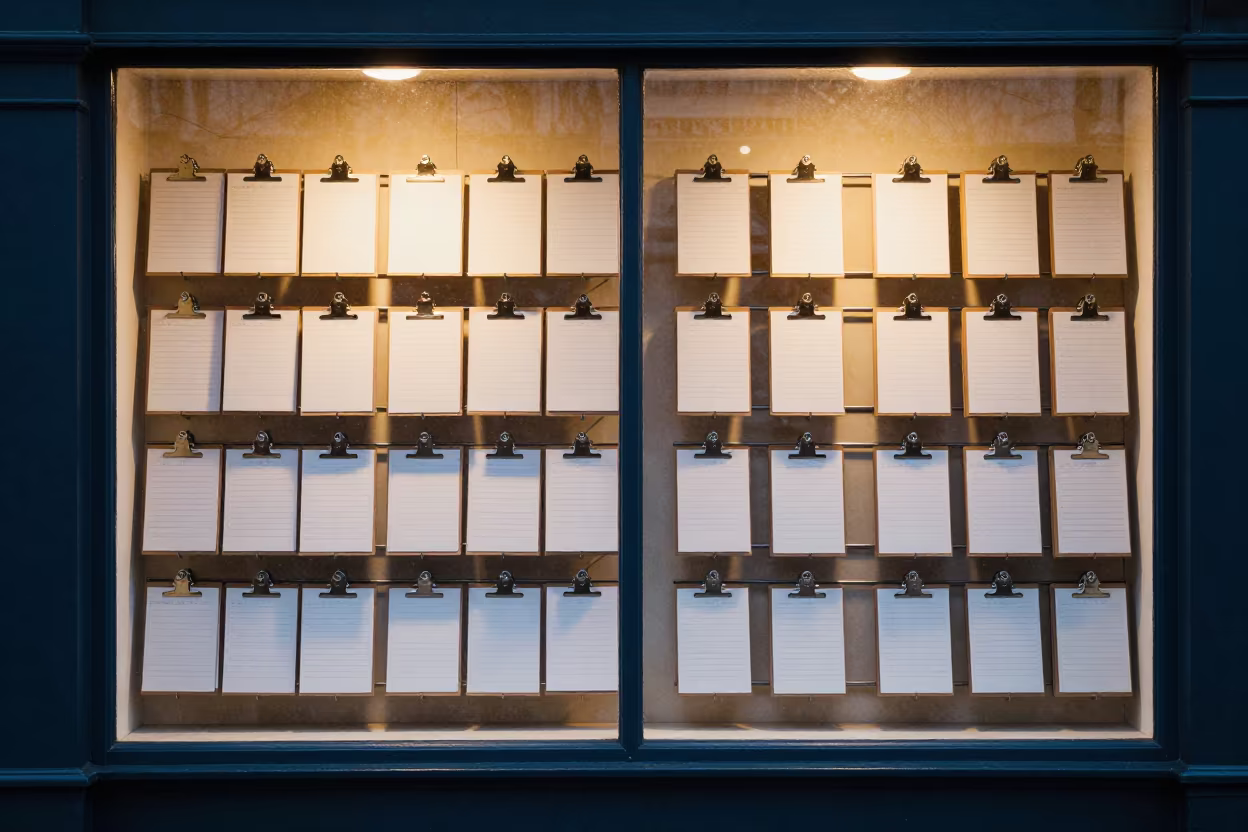 Retail Planogram Clipboard Rack in Bath Twilight in along a front-of-store display run in Bath