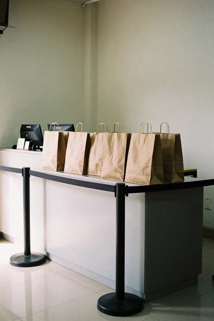 Retail Queue Bin at Cash Wrap Counter in at a cash wrap counter with bags stacked nearby near Brahmanbaria