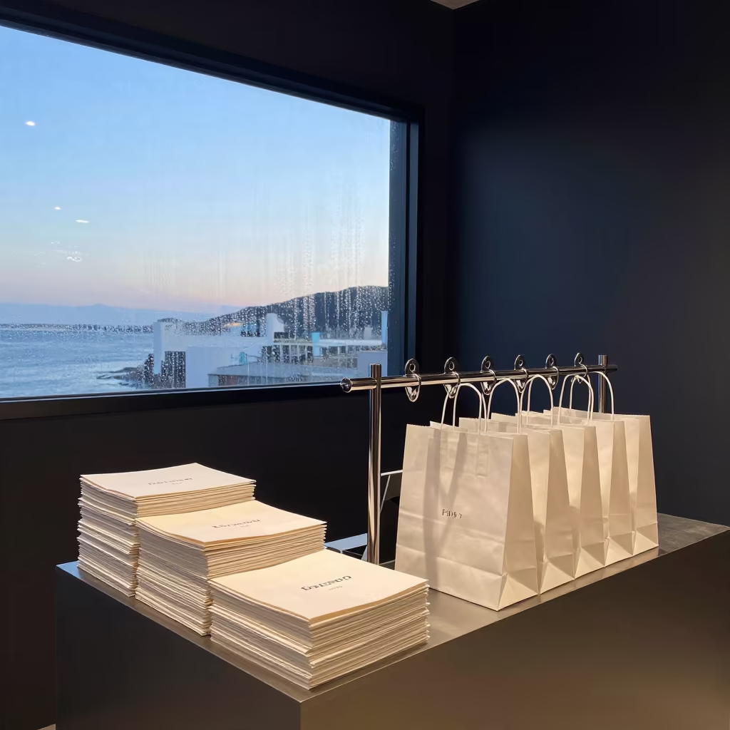 Retail Rail Before Dawn With Sky Transition in at a cash wrap counter with bags stacked nearby near Haeundae, Busan