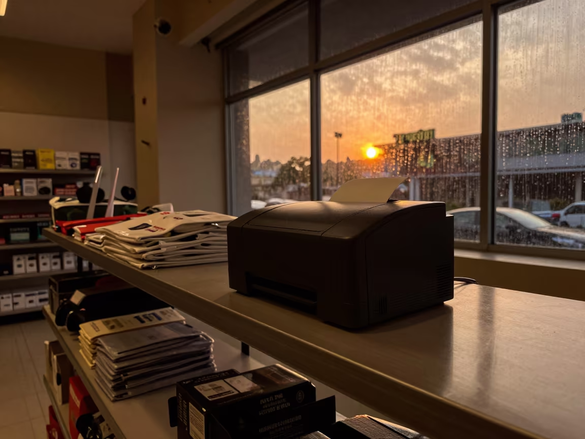 Retail Receipt Printer Shelf Sunset Light in beside a seasonal endcap near the sales floor near Rudrapur