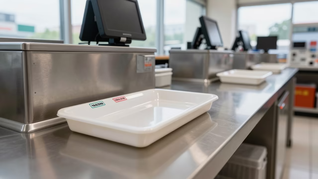 Retail Returns Stamp Tray Under Soft Light in at a checkout lane under flat store light in Beijing Road, Guangzhou