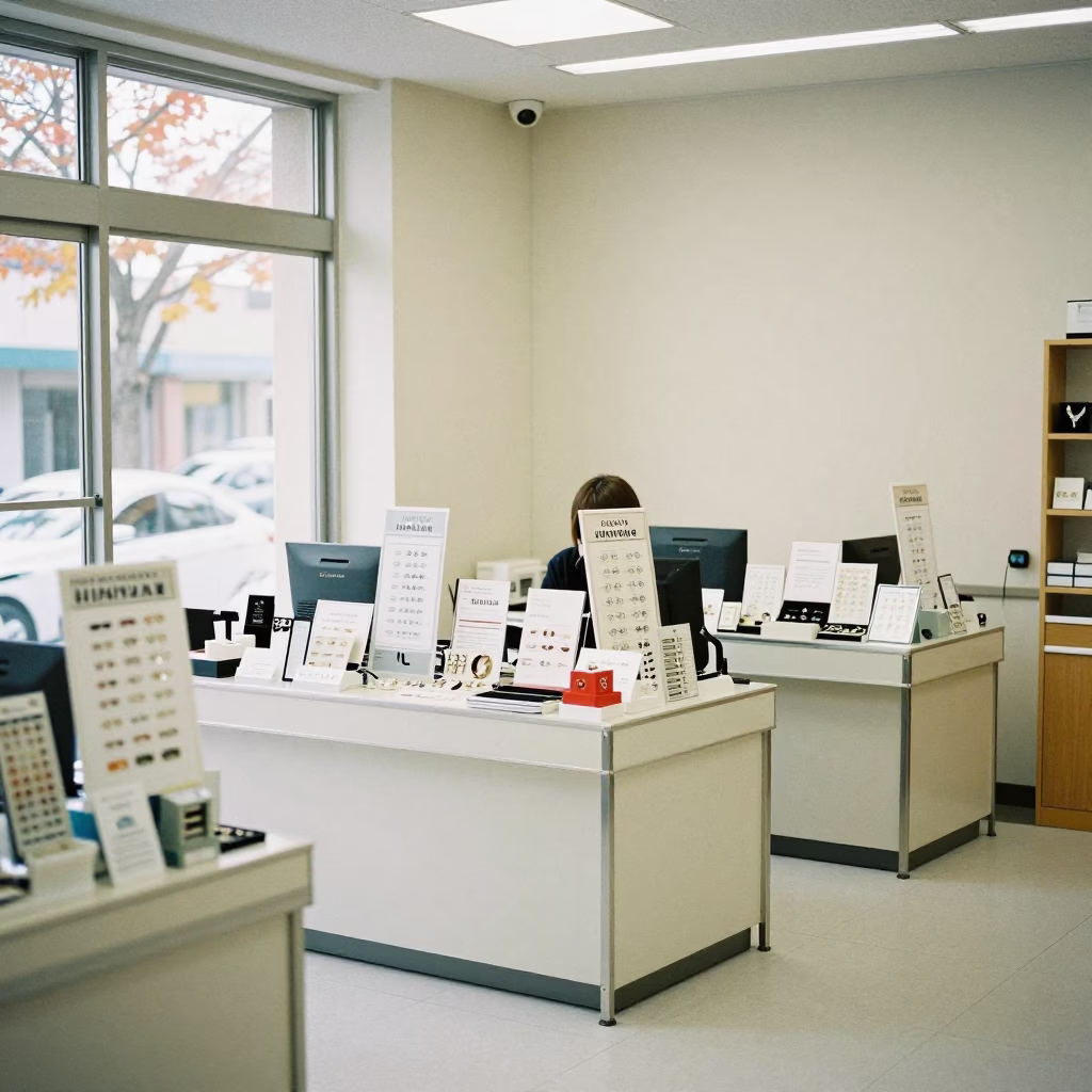 Retail Service Desk Before Morning Rush in inside a bright retail aisle in Hiroshima