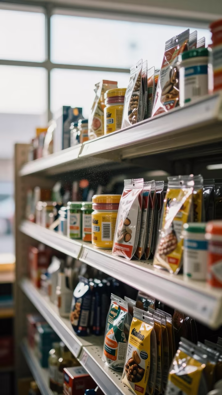 Retail Shelf Dust in North Light Al Bayda in inside a bright retail aisle near Al Bayda