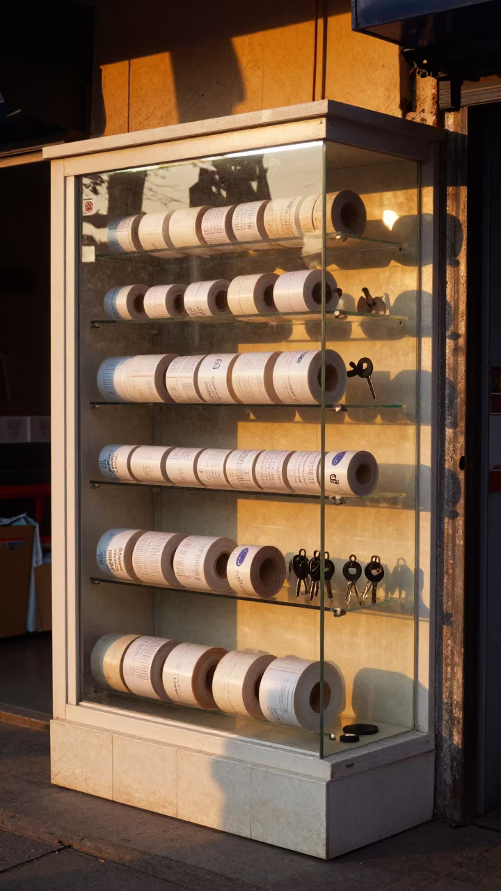 Retail Shelf Splice Box Under Amber Sunset Light in outside a lit retail frontage after dark near Pune