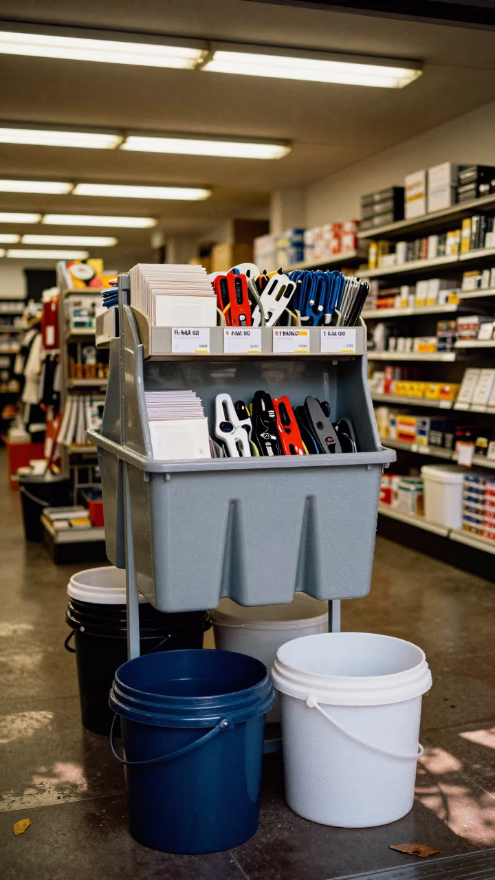 Retail Shipping Bin Under Fluorescent Light Amsterdam in inside a storefront prepared for opening near Oud-West, Amsterdam