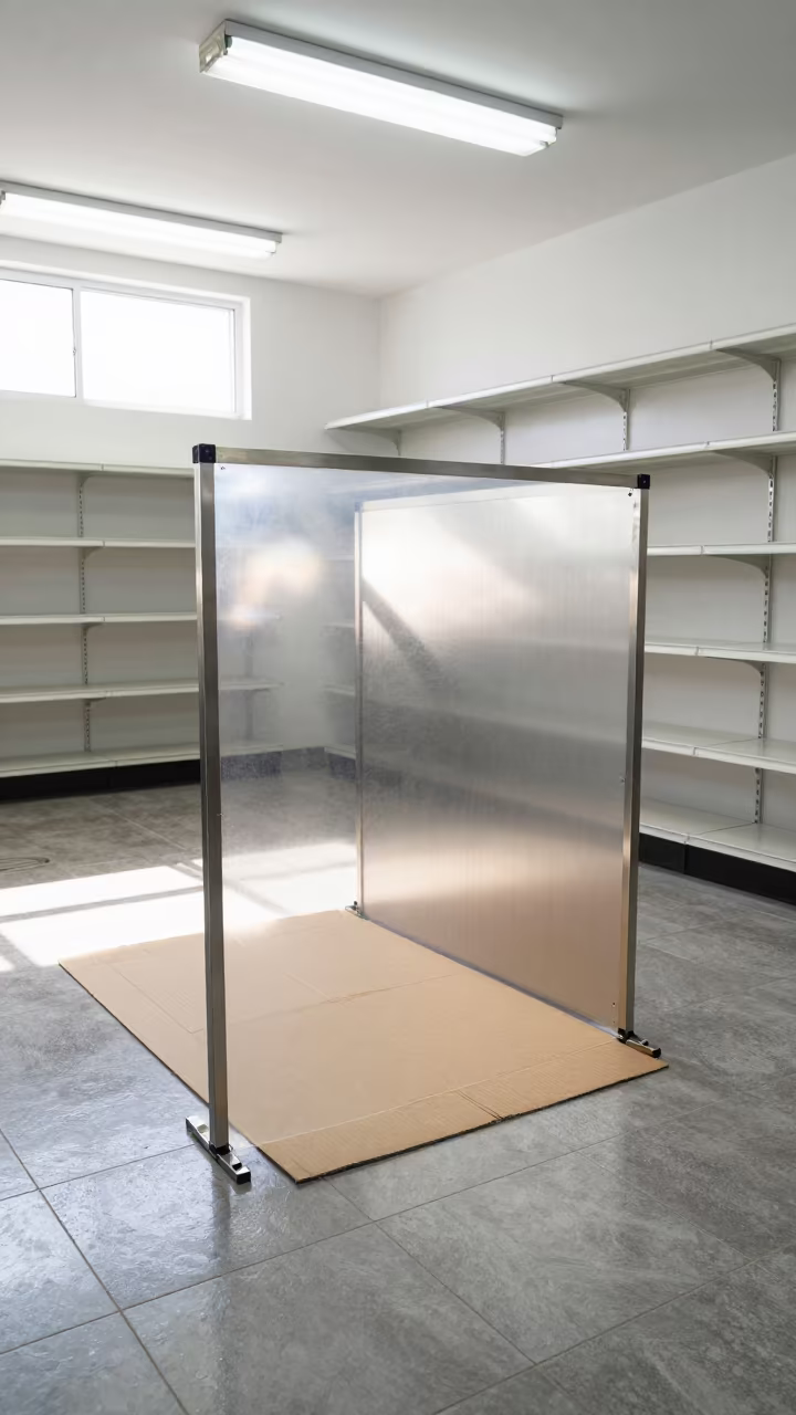 Retail Sneeze Guard Clip on Wet Tile Floor in inside a storefront prepared for opening in Cancun