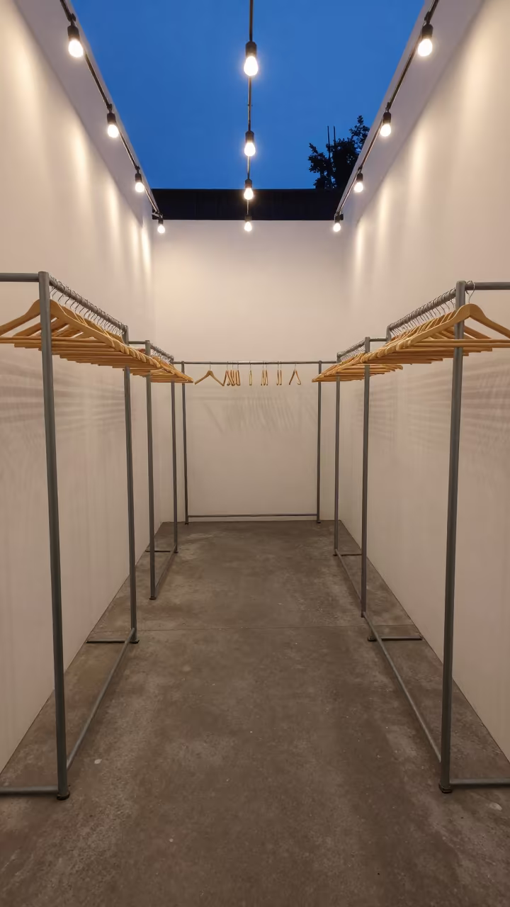 Retail Sorting Station at Twilight with String Lights in at a checkout lane under flat store light in Milwaukee