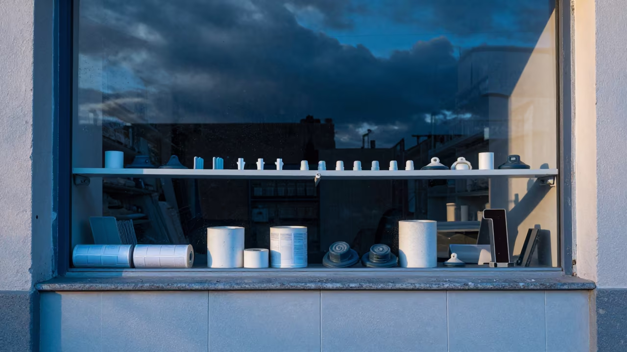 Retail Splice Box Under Cool Storefront Light in outside a shop window after rain near Cordoba Argentina