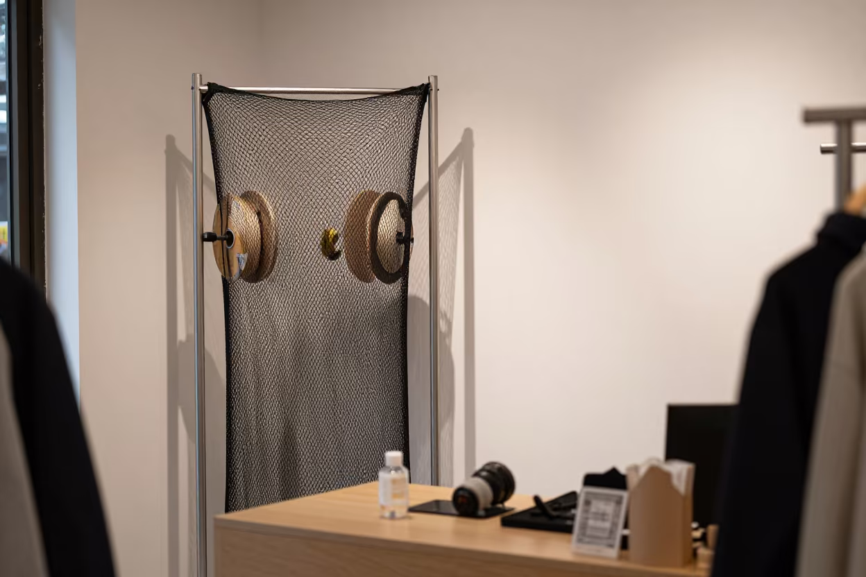 Retail Spool Stand on Moganshan Road Shanghai in inside a retail floor display area in Moganshan Road, Shanghai