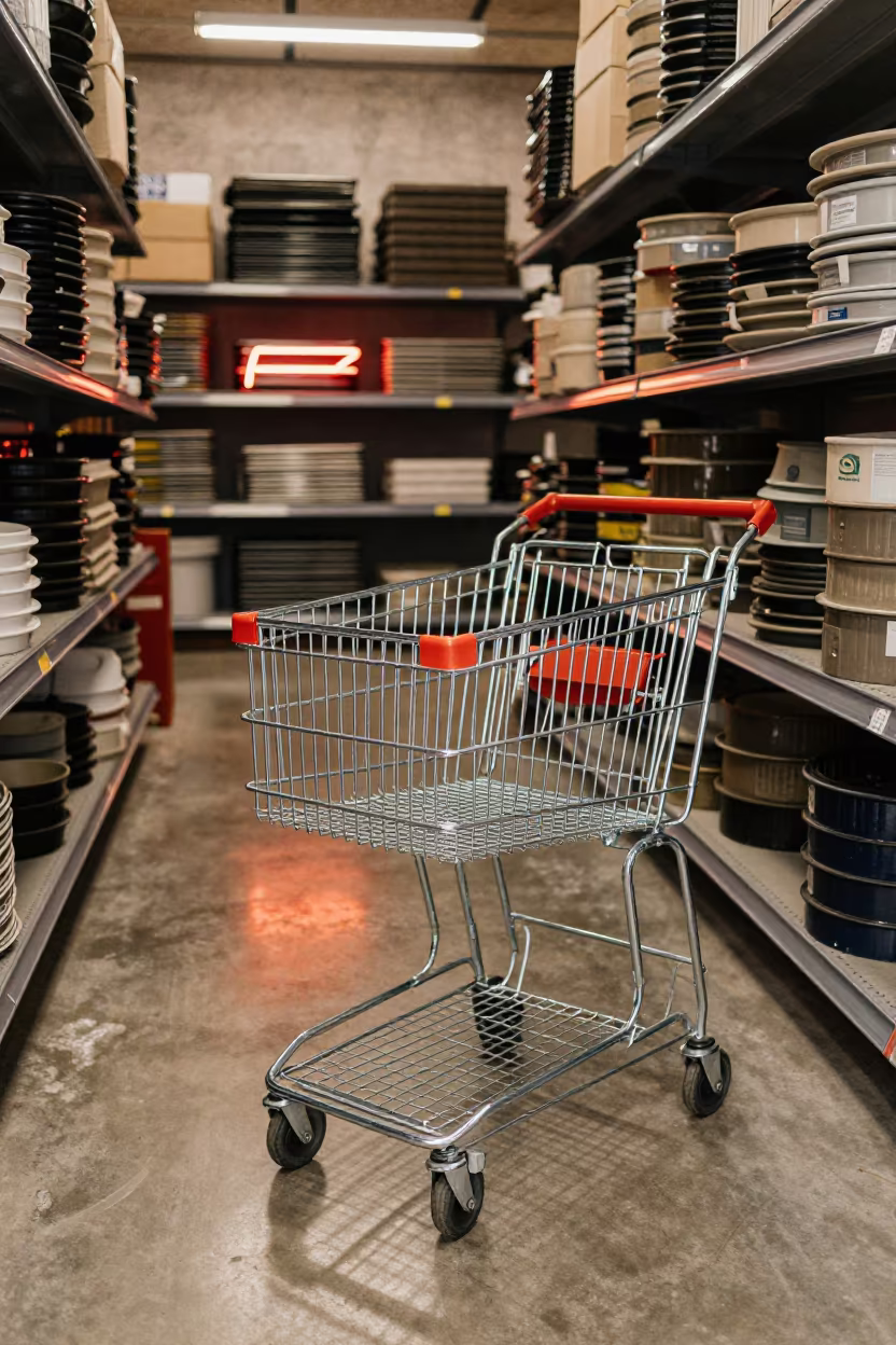 Retail Stockroom Basket Cart in Mbuji-Mayi in inside a stockroom behind the sales floor near Mbuji-Mayi