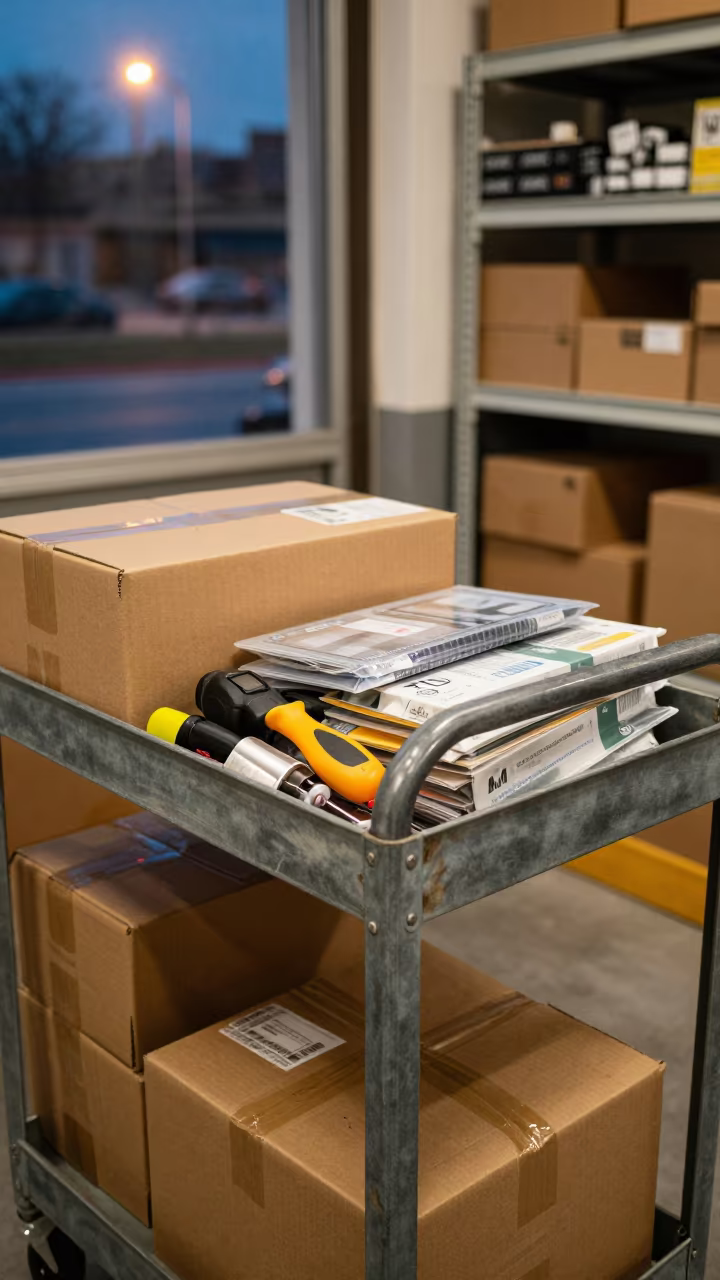Retail Stockroom Cart with Packaging and Tools in inside a stockroom behind the sales floor near Palo Negro