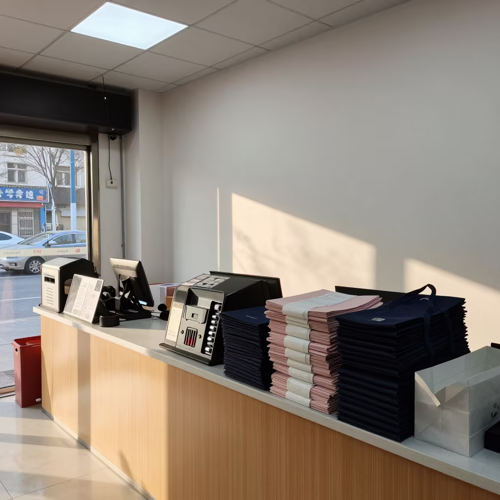 Retail Watch Battery Press Tray Midday in at a cash wrap counter with bags stacked nearby in Wenzhou