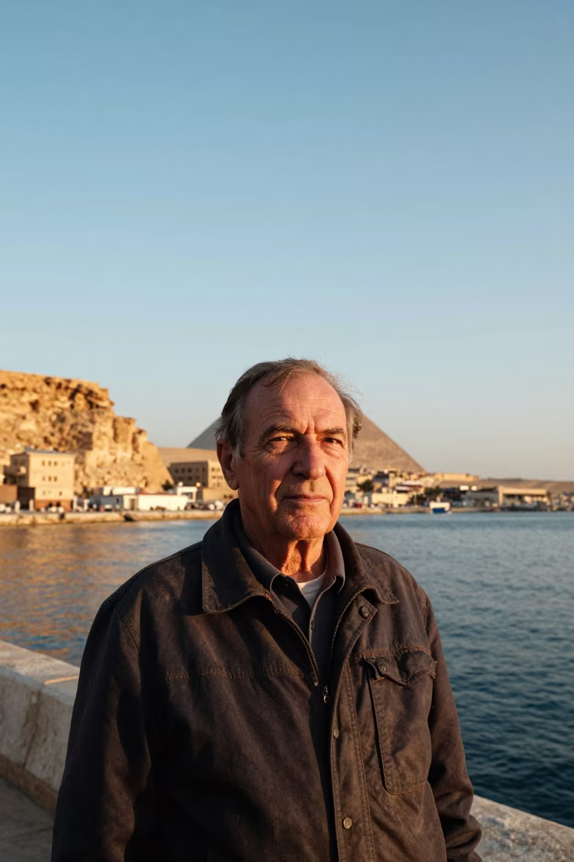 Retired Astronaut Gazing at Giza Harbor at Sunset in at a harbor edge in Giza