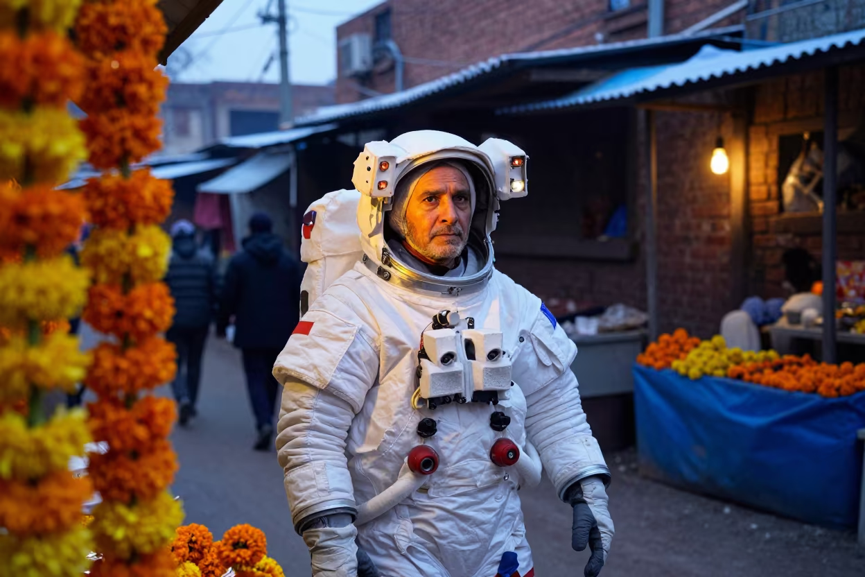 Retired Astronaut Portrait Golden Hour Kanpur Market in along a market lane in Kanpur