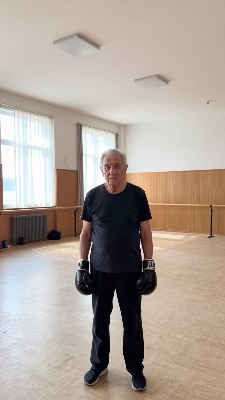 Retired Boxer Portrait in Lille Rehearsal Room in in a rehearsal room in Lille