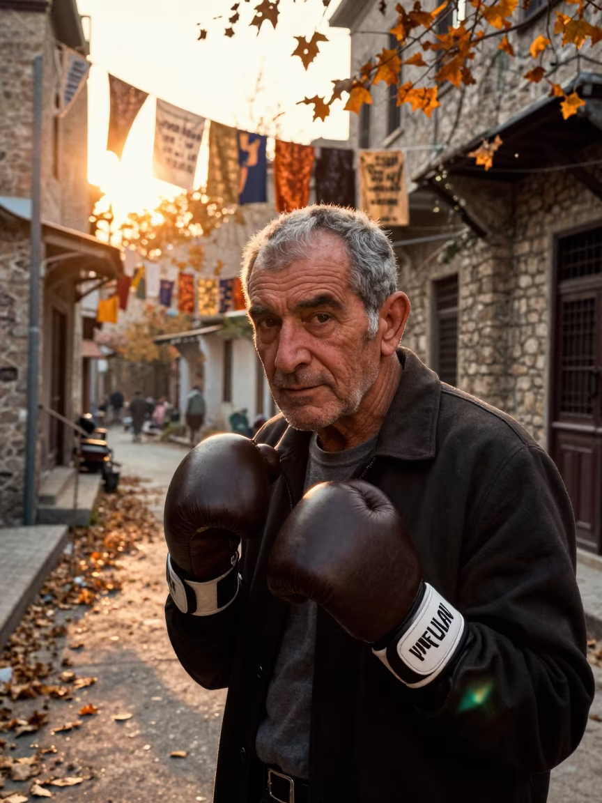 Retired Boxer Portrait in Batman Autumn Sunset in in the old quarter in Batman
