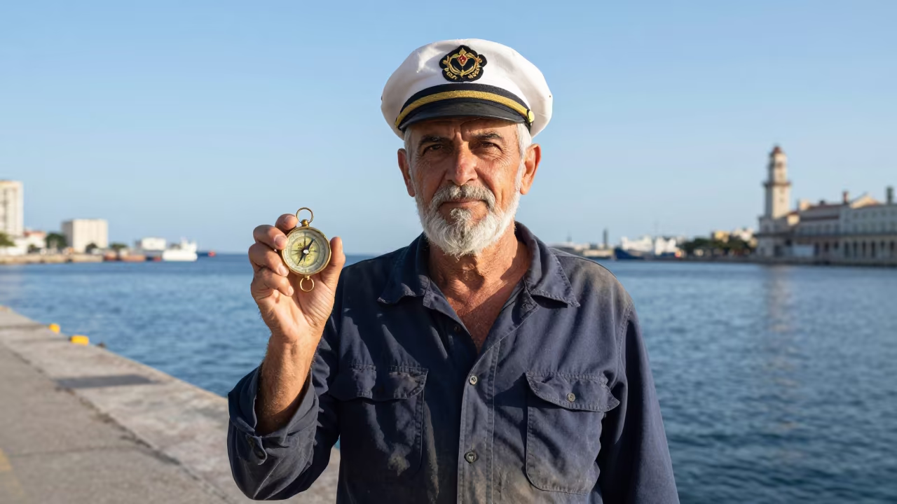 Retired Captain Holding Brass Compass at Havana Harbor in at a harbor edge in Havana