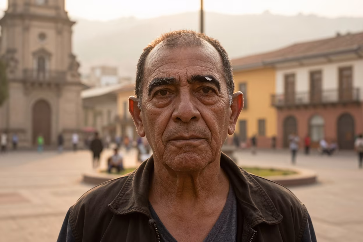 Retired Circus Performer Fading Makeup in Medellin in at a public square in El Poblado, Medellin