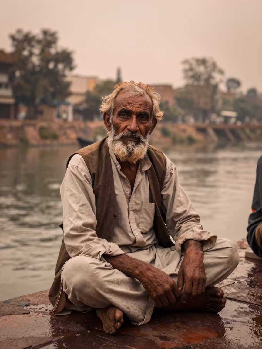 Retired Circus Strongman by Agra Canal in beside a canal in Agra