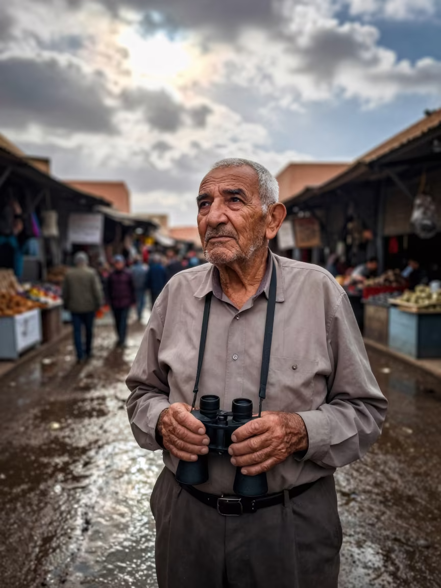 Retired Fire Lookout Portrait in Marrakesh Market Lane in along a market lane in Marrakesh