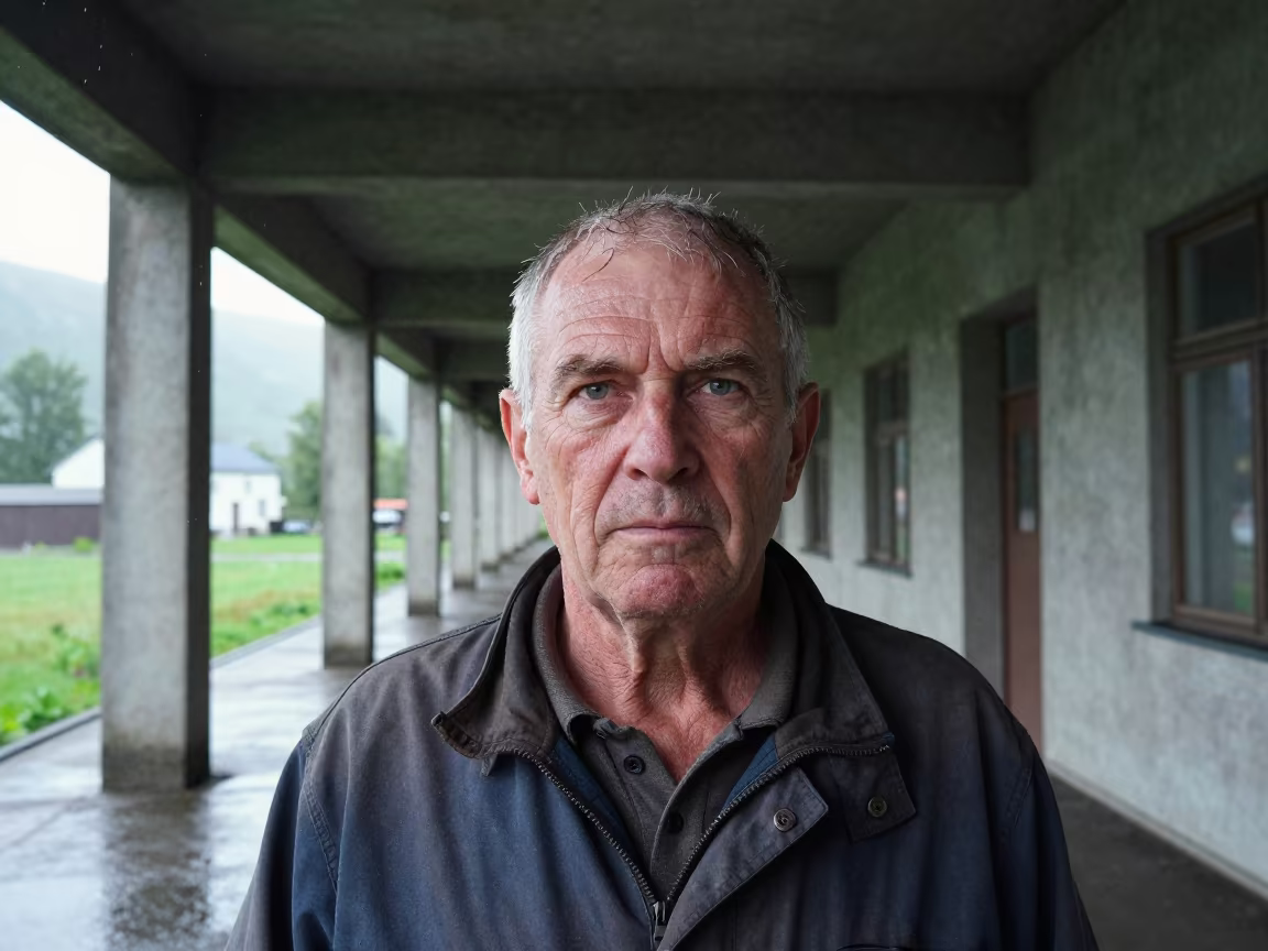 Retired Foreman in Rainy Sandvika Corridor in in Sandvika