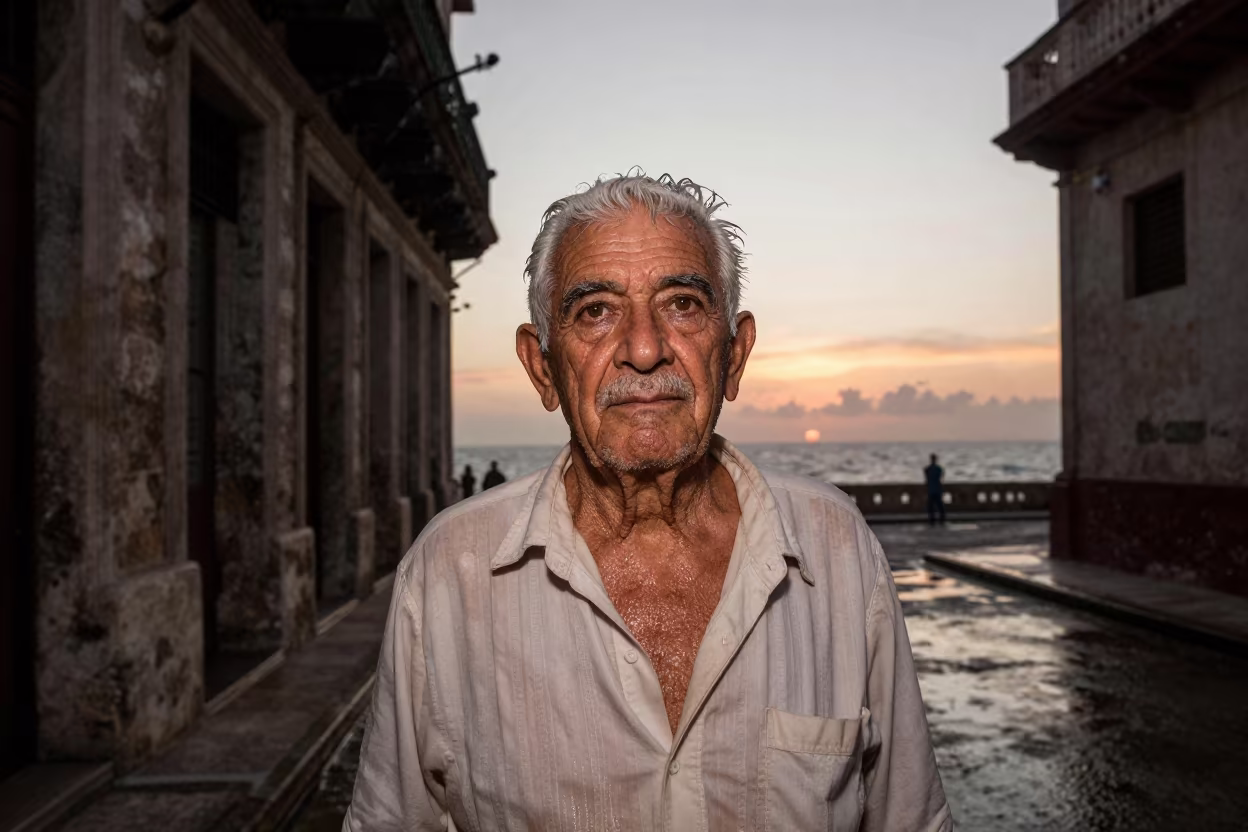 Retired Lighthouse Keeper Havana Sunset Portrait in in a narrow stone alley near Miramar, Havana