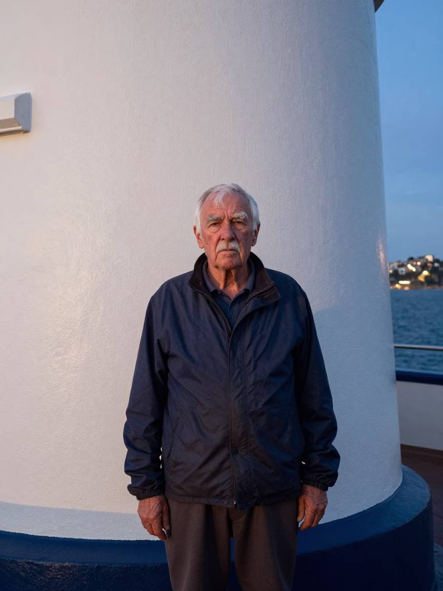 Retired Lighthouse Keeper in Sydney Fog in against a sun-bleached plaster wall near Sydney